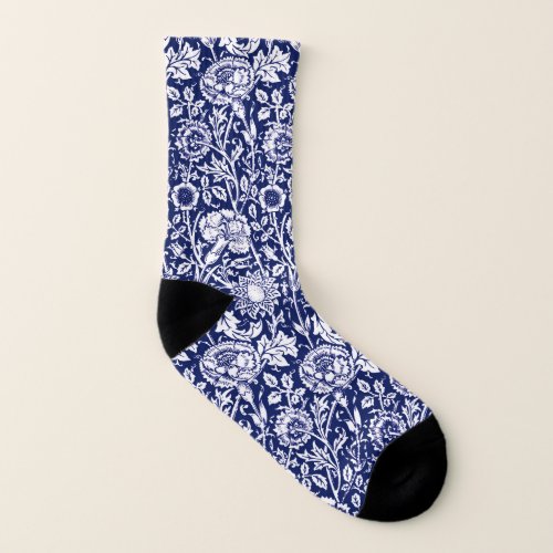 Art Nouveau Carnation Damask Navy Blue and White Socks