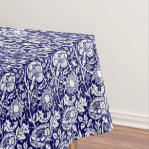 Art Nouveau Carnation Damask, Navy Blue and White Tablecloth