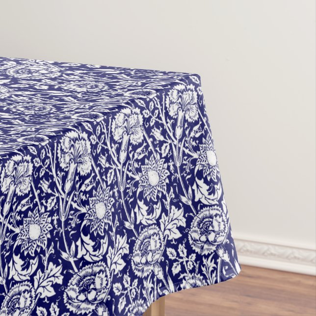 Art Nouveau Carnation Damask, Navy Blue and White Tablecloth (In Situ)