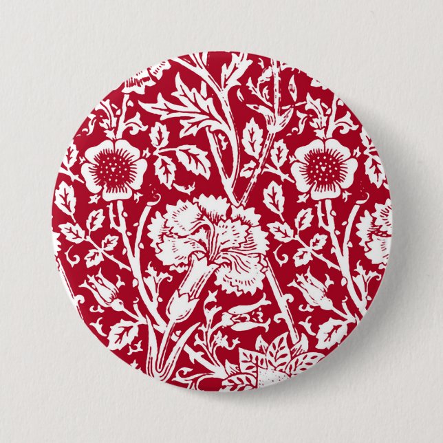 Art Nouveau Carnation Damask, Red and White Button (Front)