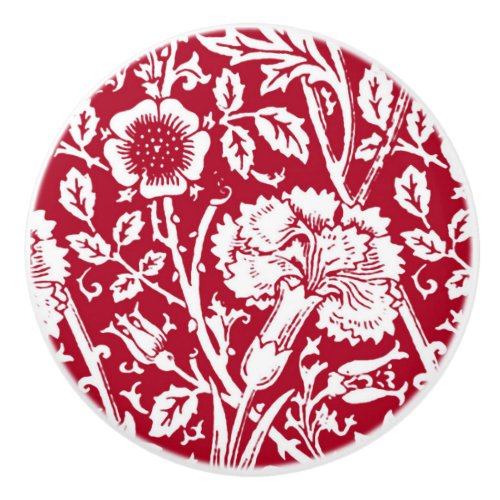 Art Nouveau Carnation Damask Red and White Ceramic Knob