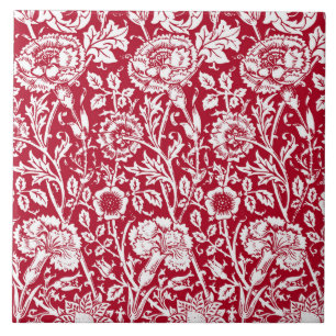 Art Nouveau Carnation Damask, Red and White Ceramic Tile