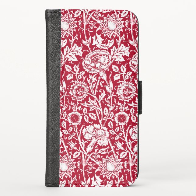 Art Nouveau Carnation Damask, Red and White iPhone Wallet Case (Front)