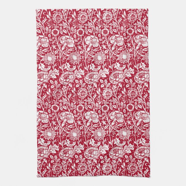 Art Nouveau Carnation Damask, Red and White Kitchen Towel (Vertical)