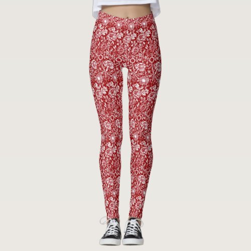 Art Nouveau Carnation Damask Red and White Leggings