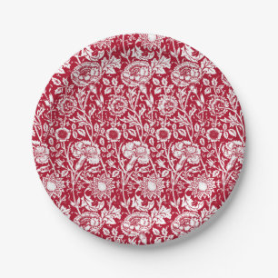 Art Nouveau Carnation Damask, Red and White Paper Plates
