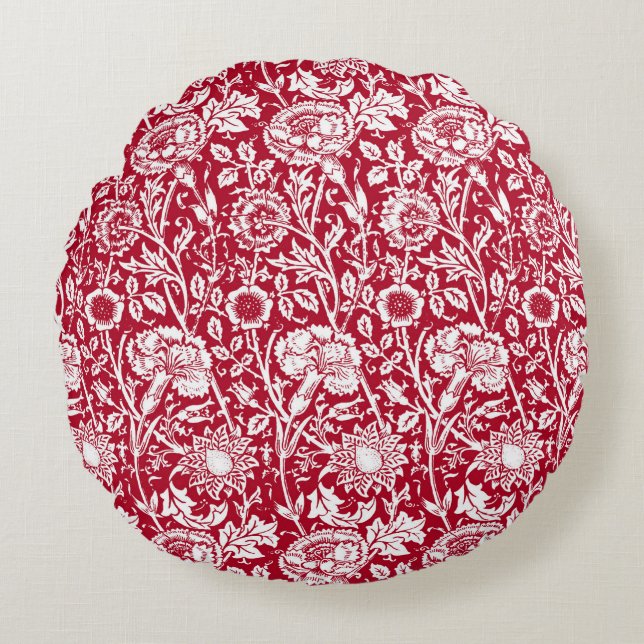 Art Nouveau Carnation Damask, Red and White Round Pillow (Front)