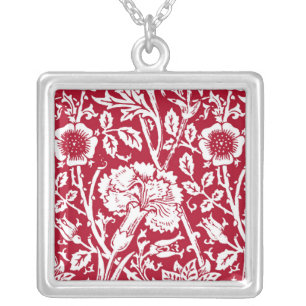 Art Nouveau Carnation Damask, Red and White Silver Plated Necklace