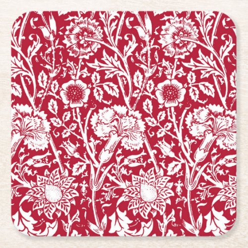 Art Nouveau Carnation Damask Red and White Square Paper Coaster