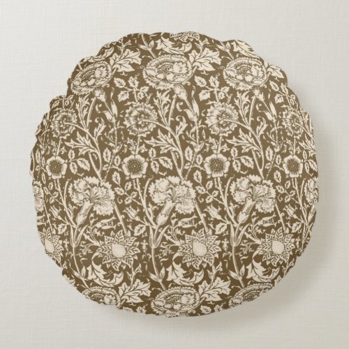 Art Nouveau Carnation Damask Taupe and Cream Round Pillow