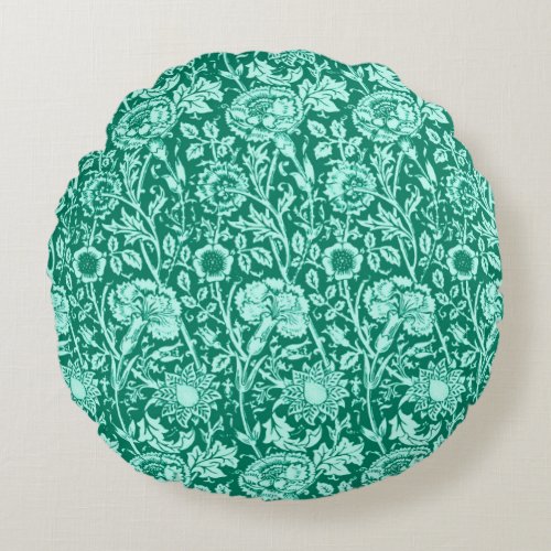 Art Nouveau Carnation Damask Turquoise and Aqua Round Pillow