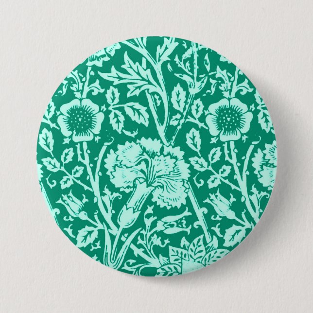 Art Nouveau Carnation Damask, Turquoise Button (Front)