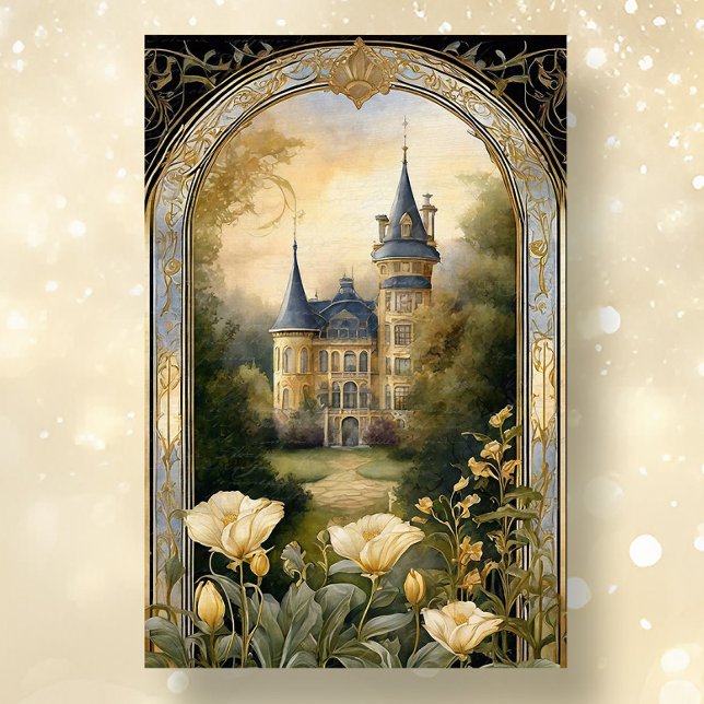 Art Nouveau Castle Floral Blue n Gold Ephemera 2B Tissue Paper (Creator Uploaded)