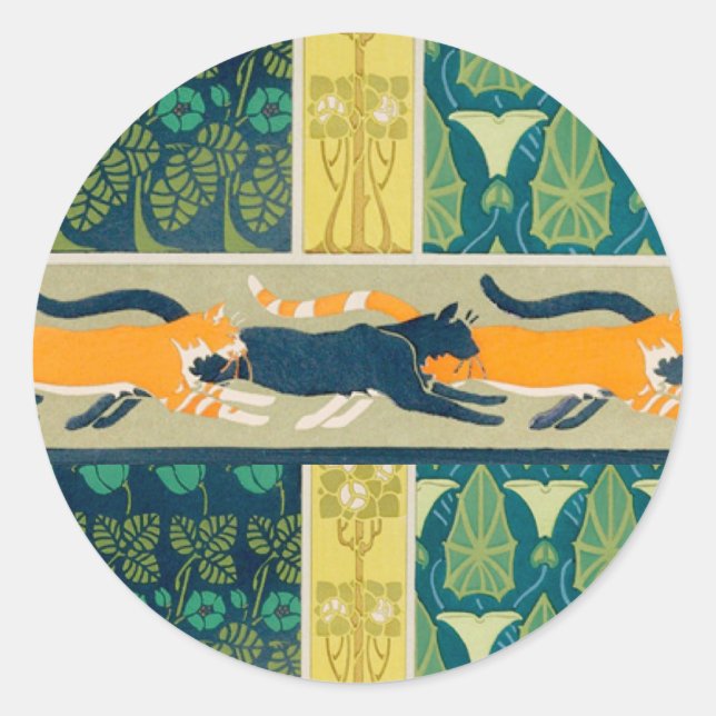Art Nouveau Cats and Flowers Classic Round Sticker (Front)