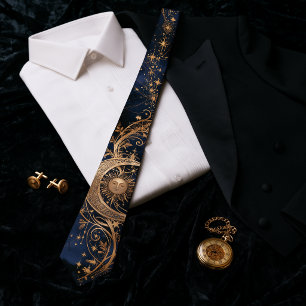 Art Nouveau Celestial Gold Sun Moon Midnight Navy Neck Tie