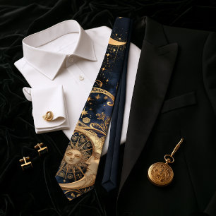 Art Nouveau Celestial Gold Sun Moon Midnight Navy Neck Tie