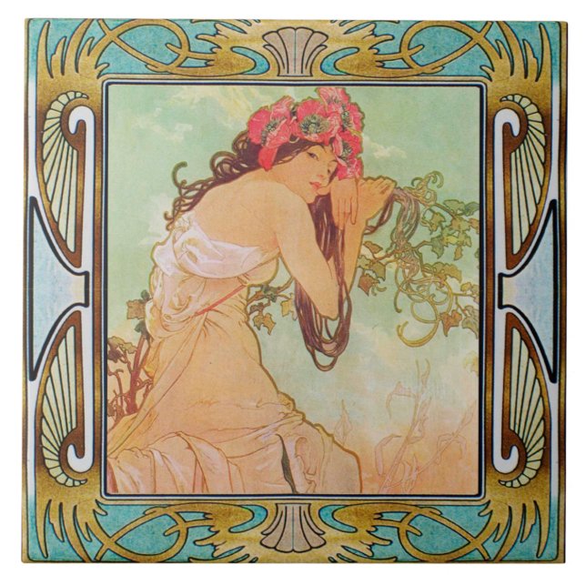 Art Nouveau Ceramic Tile Alphose mucha Design 03 (Front)
