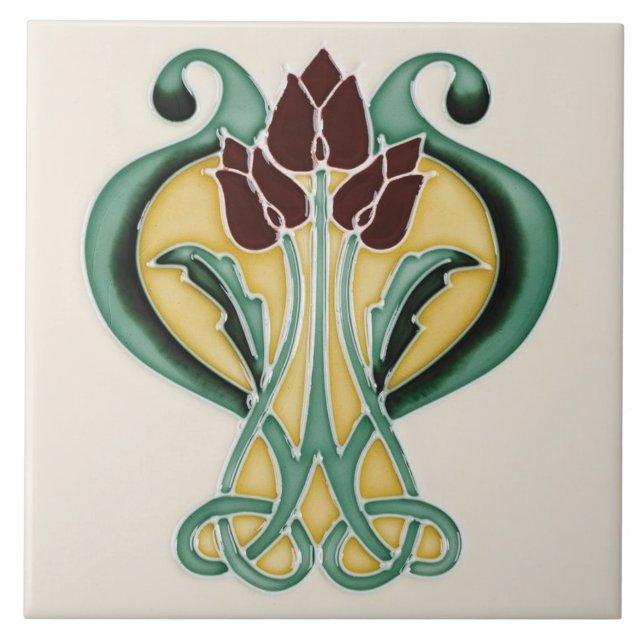 Art Nouveau Ceramic Tile - Deep Purple Tulips (Front)
