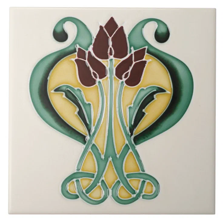 Art Nouveau Ceramic Tile - Deep Purple Tulips 