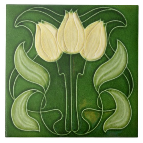Art Nouveau Ceramic Tile_Vintage Look White Tulips Ceramic Tile