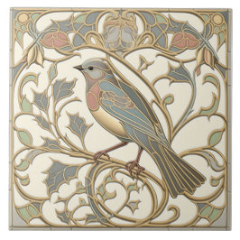 Art Nouveau Ceramic Tile with Mosaic Bird Design