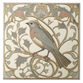 Art Nouveau Ceramic Tile with Mosaic Bird Design