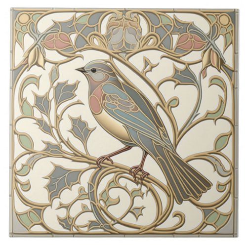 Art Nouveau Ceramic Tile with Mosaic Bird Design