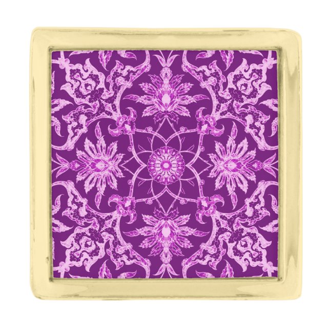 Art Nouveau Chinese Pattern - Amethyst Purple Gold Finish Lapel Pin (Front)