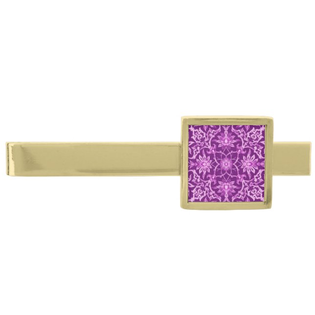 Art Nouveau Chinese Pattern - Amethyst Purple Gold Finish Tie Clip (Front)