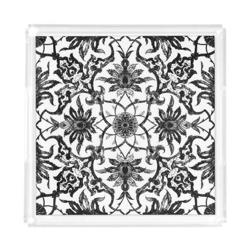 Art Nouveau Chinese Pattern _ Black and White Acrylic Tray