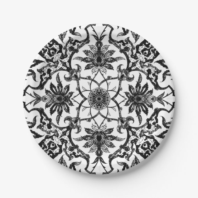 Art Nouveau Chinese Pattern - Black and White Paper Plates (Front)