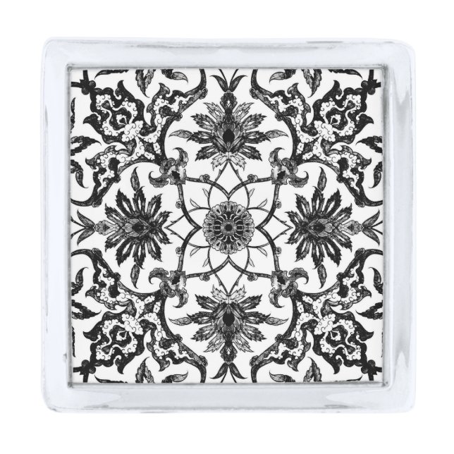 Art Nouveau Chinese Pattern - Black and White Silver Finish Lapel Pin (Front)
