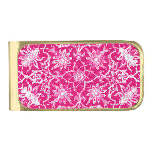 Art Nouveau Chinese Pattern - Fuschia Pink Gold Finish Money Clip