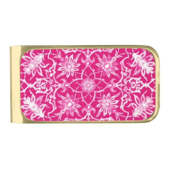 Art Nouveau Chinese Pattern - Fuschia Pink Gold Finish Money Clip (Front)