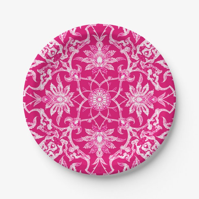 Art Nouveau Chinese Pattern - Fuschia Pink Paper Plates (Front)