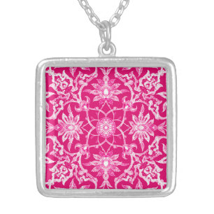 Art Nouveau Chinese Pattern - Fuschia Pink Silver Plated Necklace