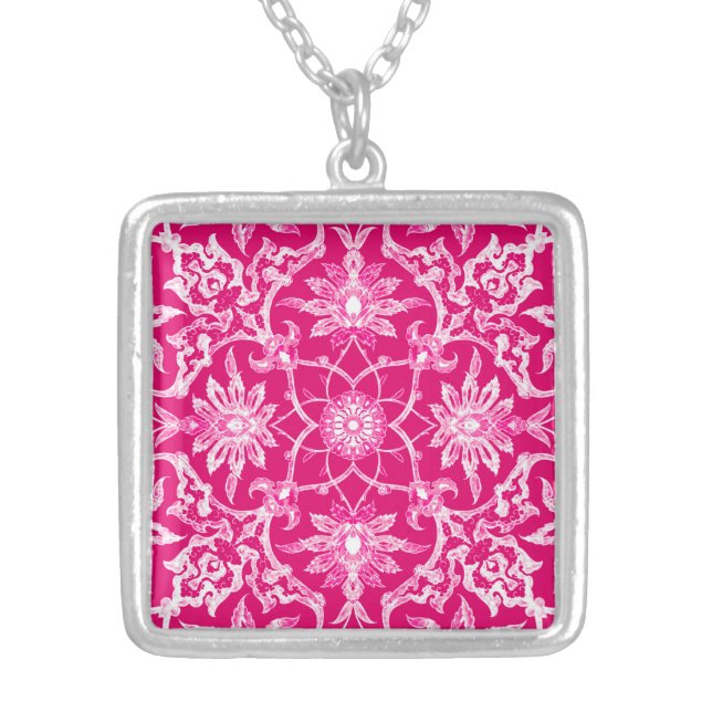 Art Nouveau Chinese Pattern - Fuschia Pink Silver Plated Necklace (Front)