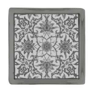 Art Nouveau Chinese Pattern - Silver Grey Gunmetal Finish Lapel Pin