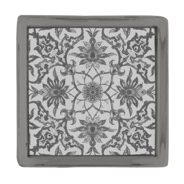 Art Nouveau Chinese Pattern - Silver Grey Gunmetal Finish Lapel Pin (Front)