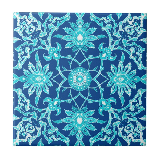 Art Nouveau Chinese Pattern - Turquoise and Blue Ceramic Tile (Front)