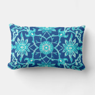 Art Nouveau Chinese Pattern - Turquoise and Blue Lumbar Pillow