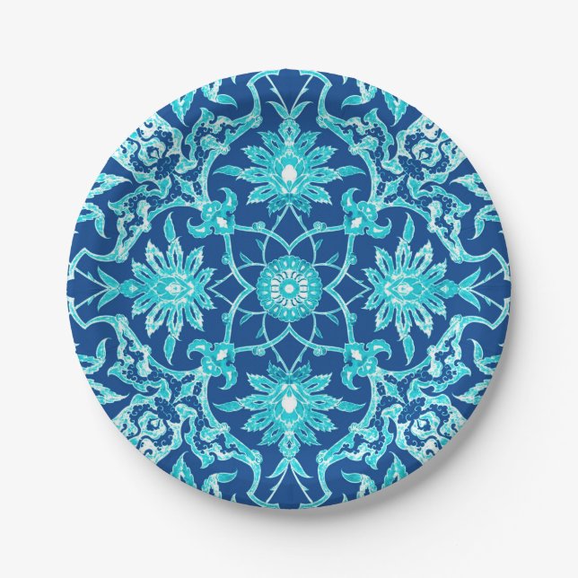 Art Nouveau Chinese Pattern - Turquoise and Blue Paper Plates (Front)