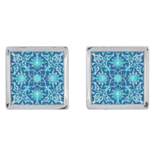 Art Nouveau Chinese Pattern - Turquoise and Blue Silver Cufflinks