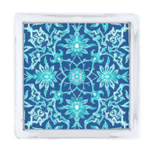 Art Nouveau Chinese Pattern - Turquoise and Blue Silver Finish Lapel Pin