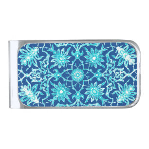 Art Nouveau Chinese Pattern - Turquoise and Blue Silver Finish Money Clip