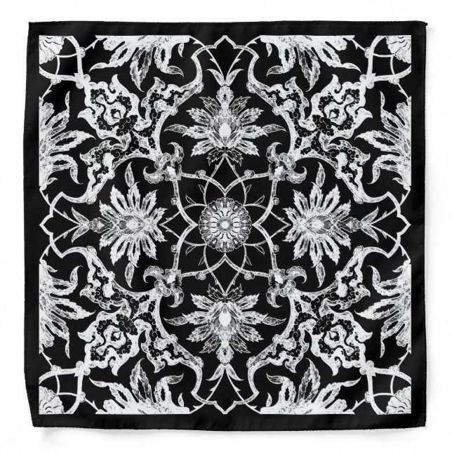 Art Nouveau Chinese Pattern - White on Black Bandana (Front)