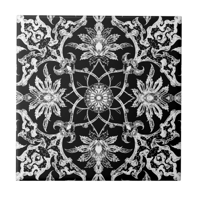 Art Nouveau Chinese Pattern - White on Black Tile (Front)