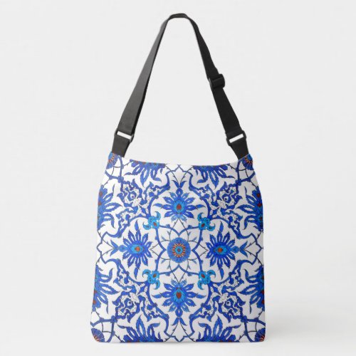 Art Nouveau Chinese Tile _ Cobalt Blue  White Crossbody Bag