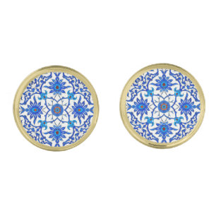 Art Nouveau Chinese Tile - Cobalt Blue & White Gold Cufflinks