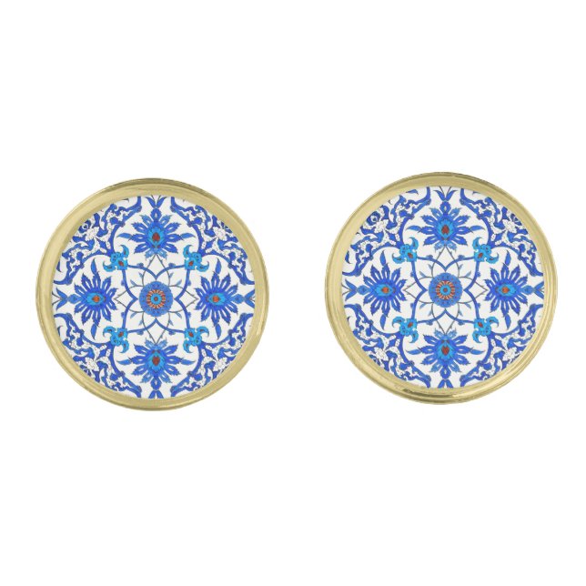 Art Nouveau Chinese Tile - Cobalt Blue & White Gold Cufflinks (Front)